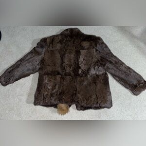 Vintage Chocolate Brown Rabbit Fur Coat With Fox Tail Scarf Made In Hong Kong